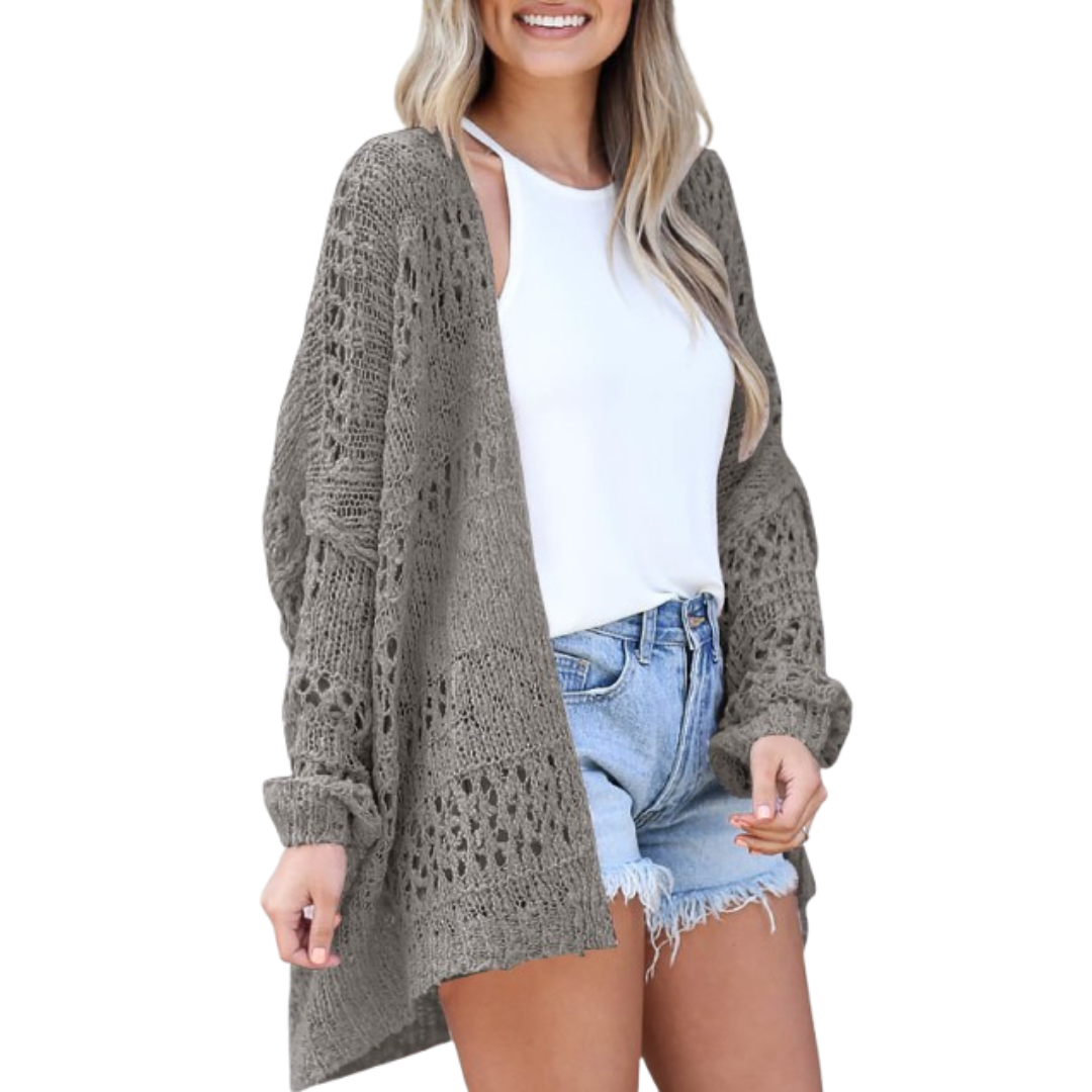 Gray open-knit oversized boho summer cardigan, long sleeves, fringe hem