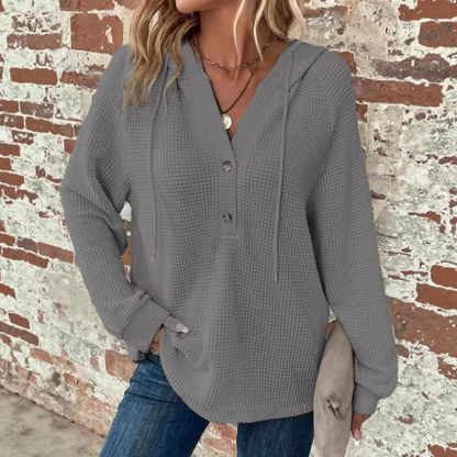Gray waffle-knit hoodie with V-neck and button placket, long sleeves