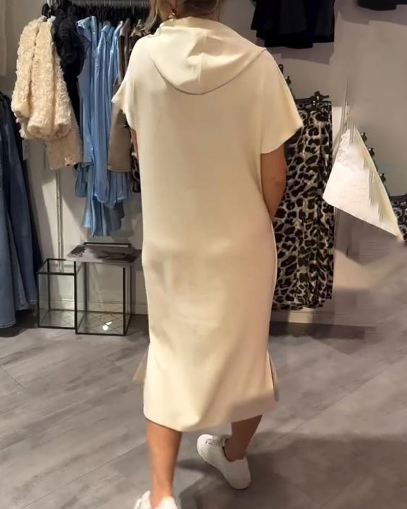 Beige long hooded dress with hood, short sleeves, back view