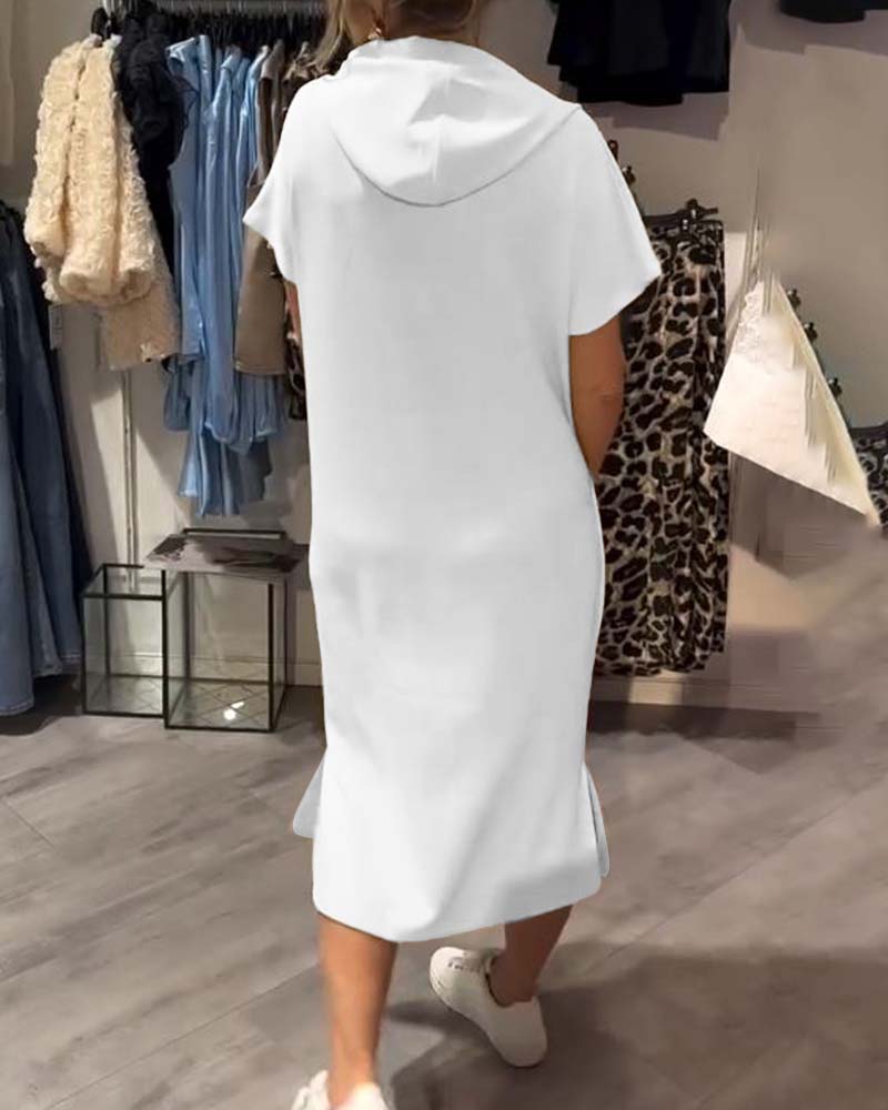 White long hooded dress, short sleeves, relaxed fit, back view