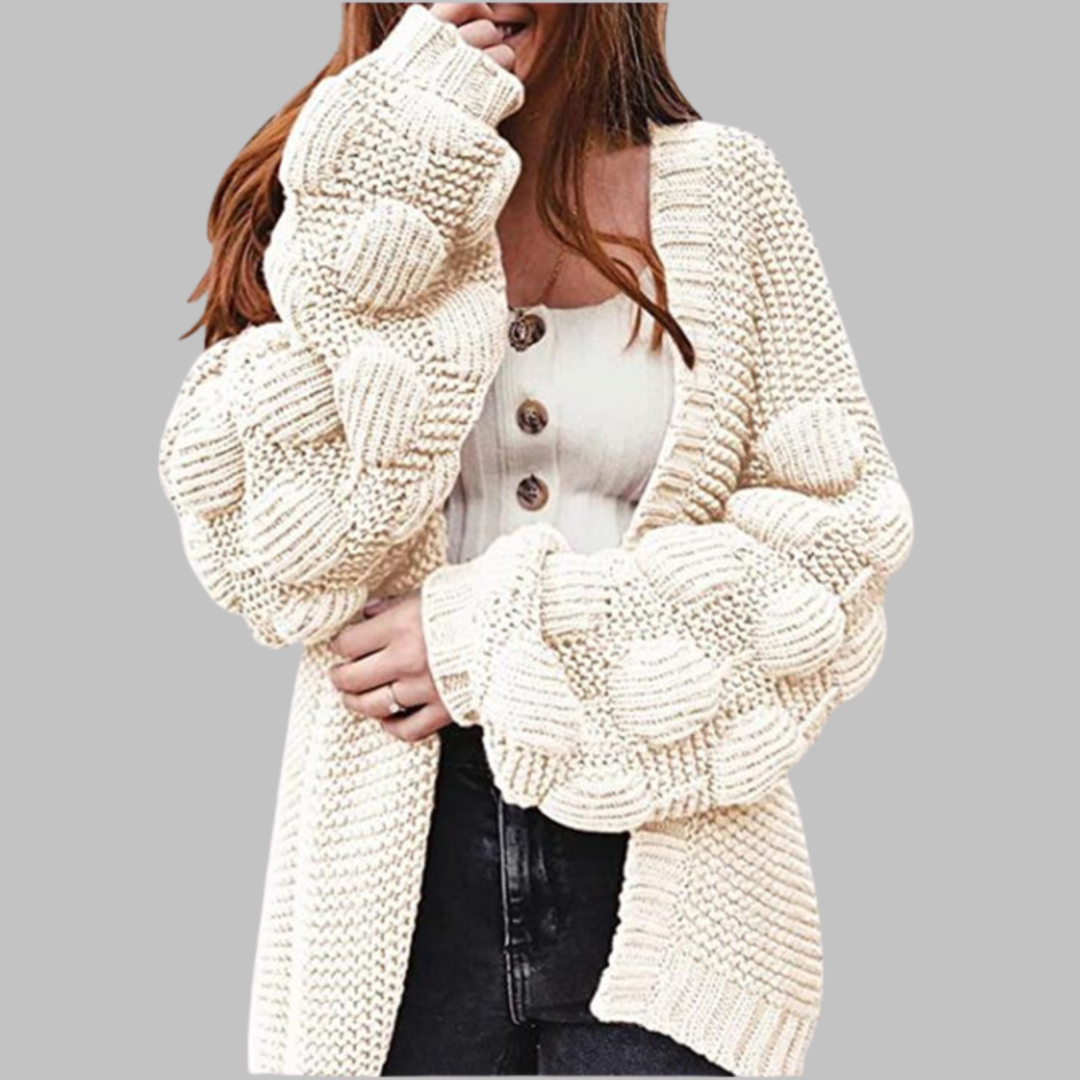 White oversized chunky open-front cardigan with ribbed cuffs and textured knit