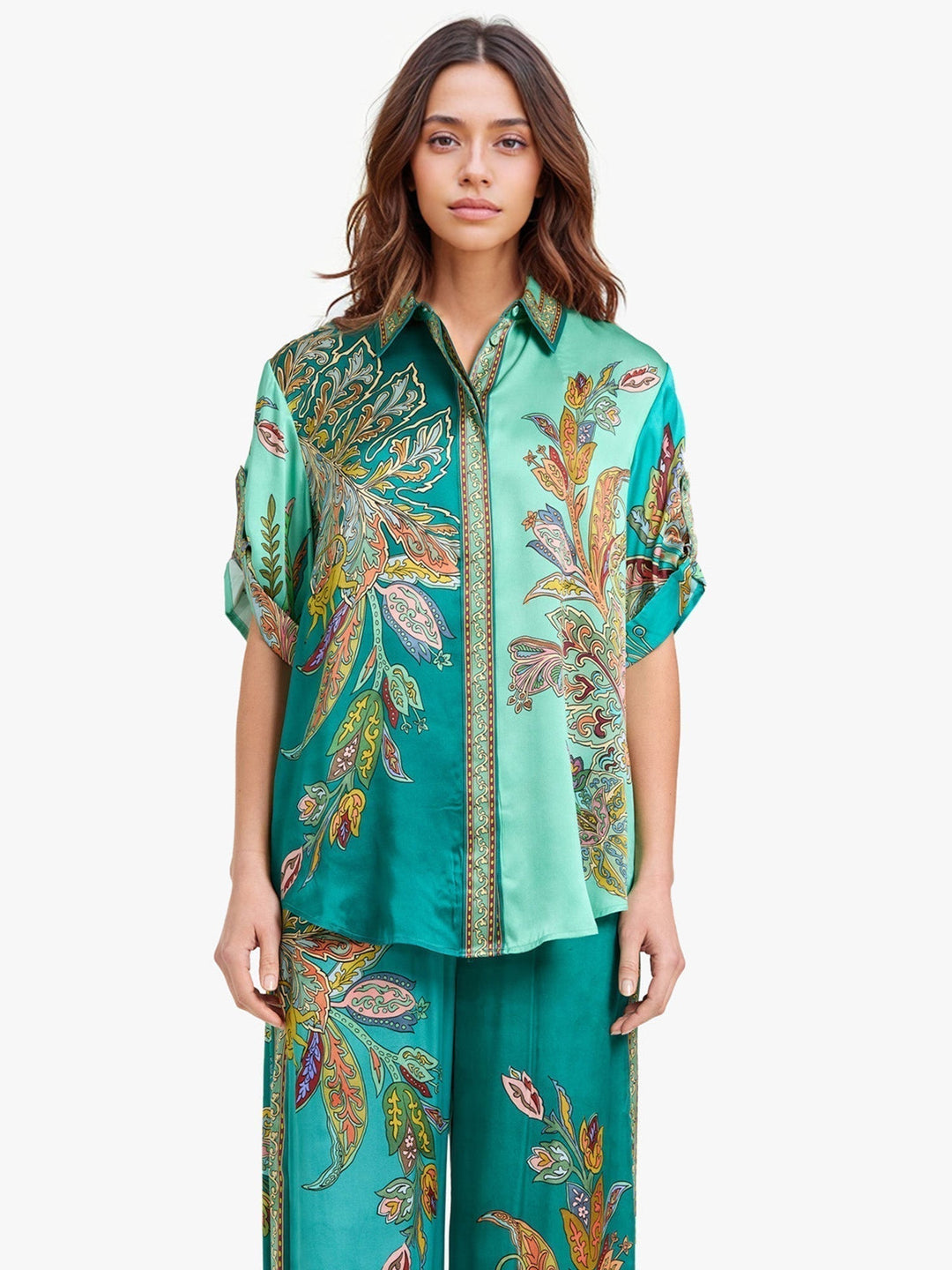 Turquoise paisley two-piece: button-front shirt and wide-leg pants