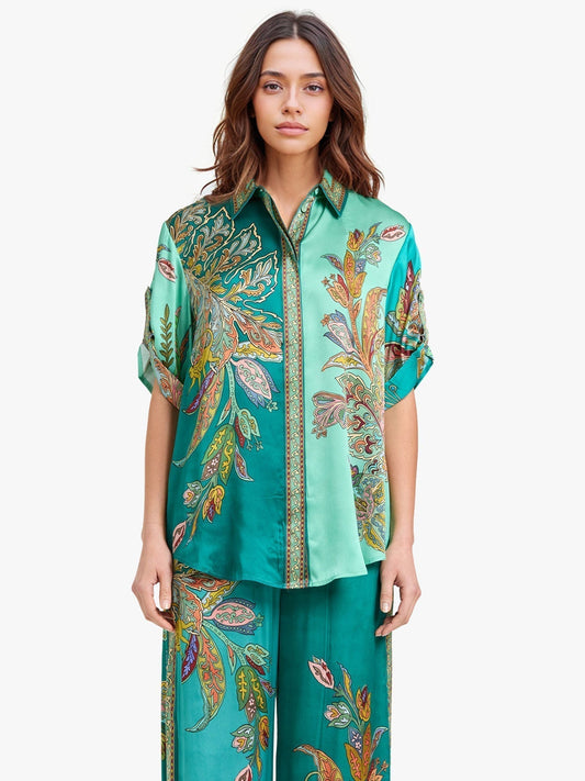 Turquoise paisley two-piece: button-front shirt and wide-leg pants