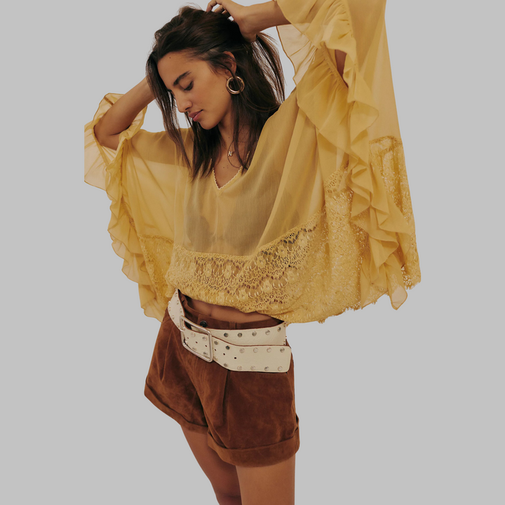 Yellow V-neck batwing cover-up top with lace yoke and scalloped hem