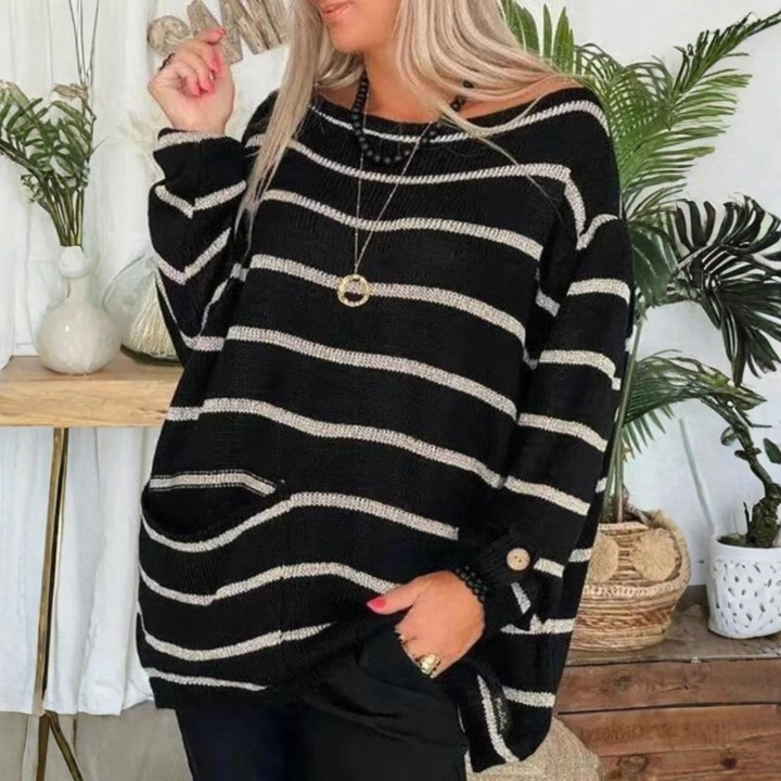 Black knit sweater with white horizontal stripes, round neck, long sleeves