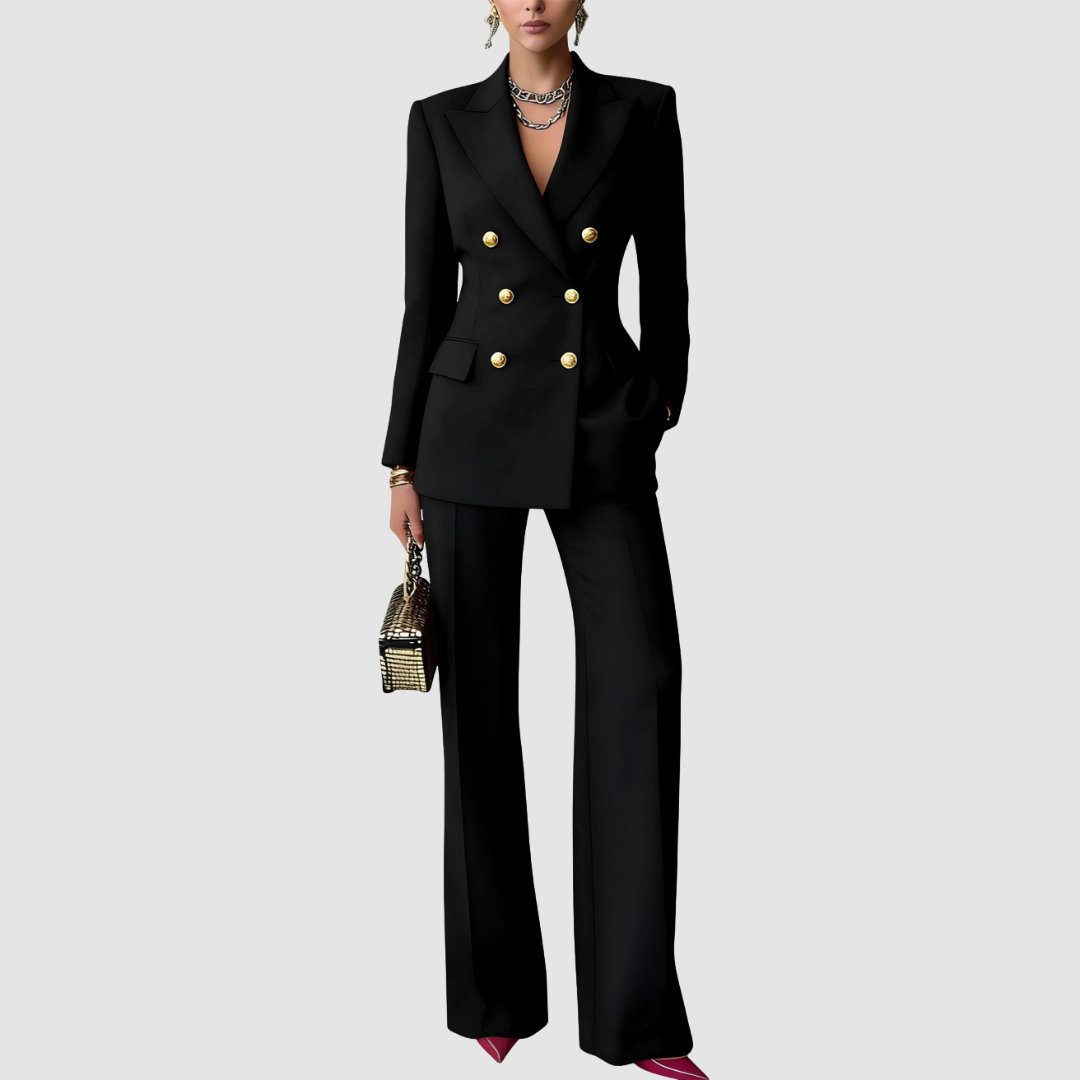 Tailored blazer and trousers set, black with gold double-breasted buttons