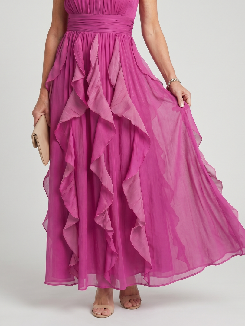 Pink layered ruffle maxi skirt with gathered waist detail