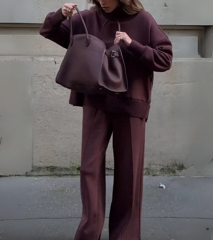 Dark plum high-neck knit top and wide-leg pants two-piece set with ribbed waist.