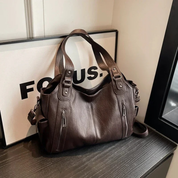 Dual-zipper large-capacity shoulder bag, espresso brown with dual handles and crossbody strap