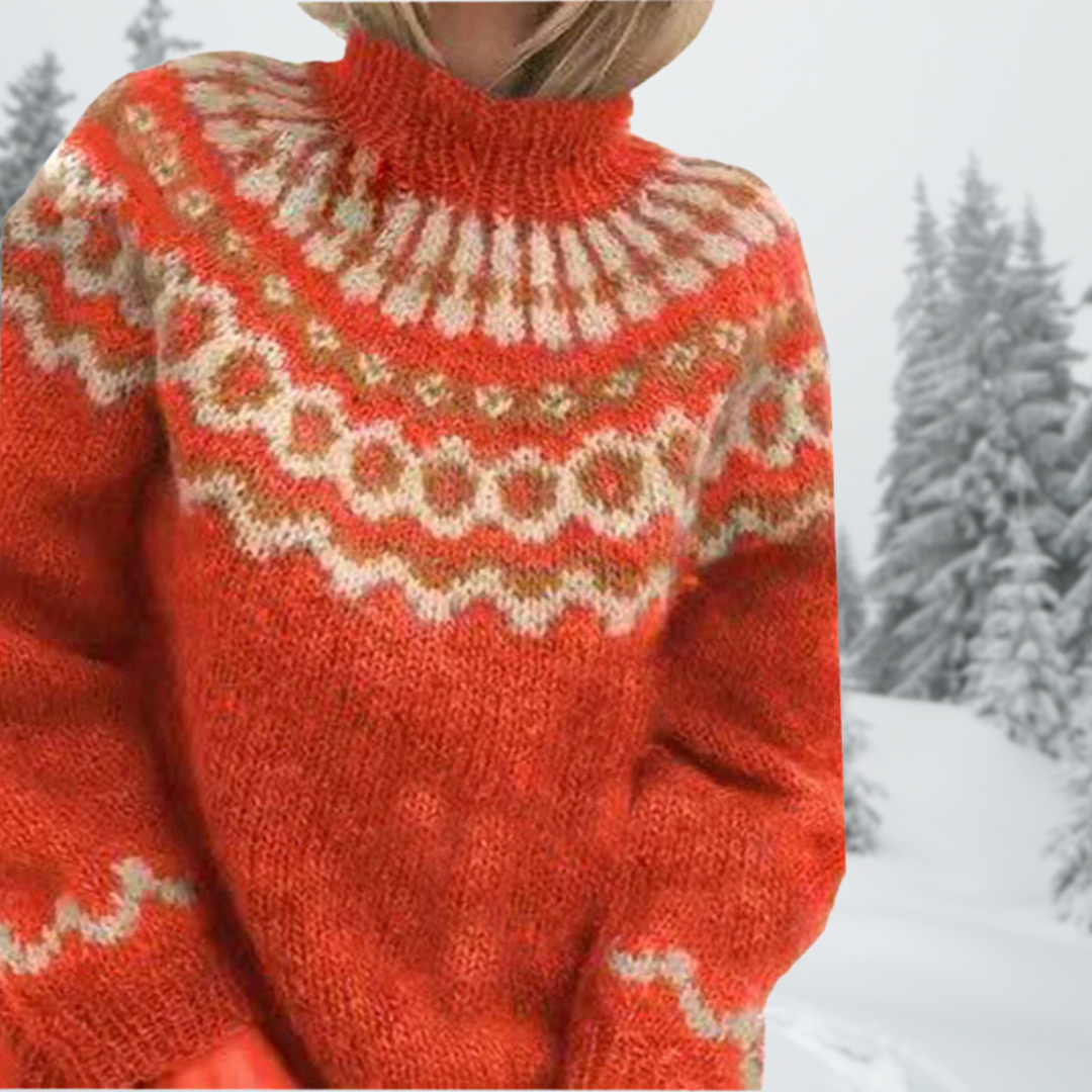 Red knit sweater with high turtleneck and patterned yoke, long sleeves