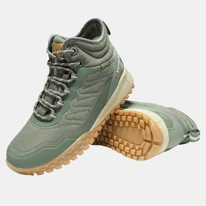 Waterproof plush warm boots, lace-up front, green upper, chunky tread sole