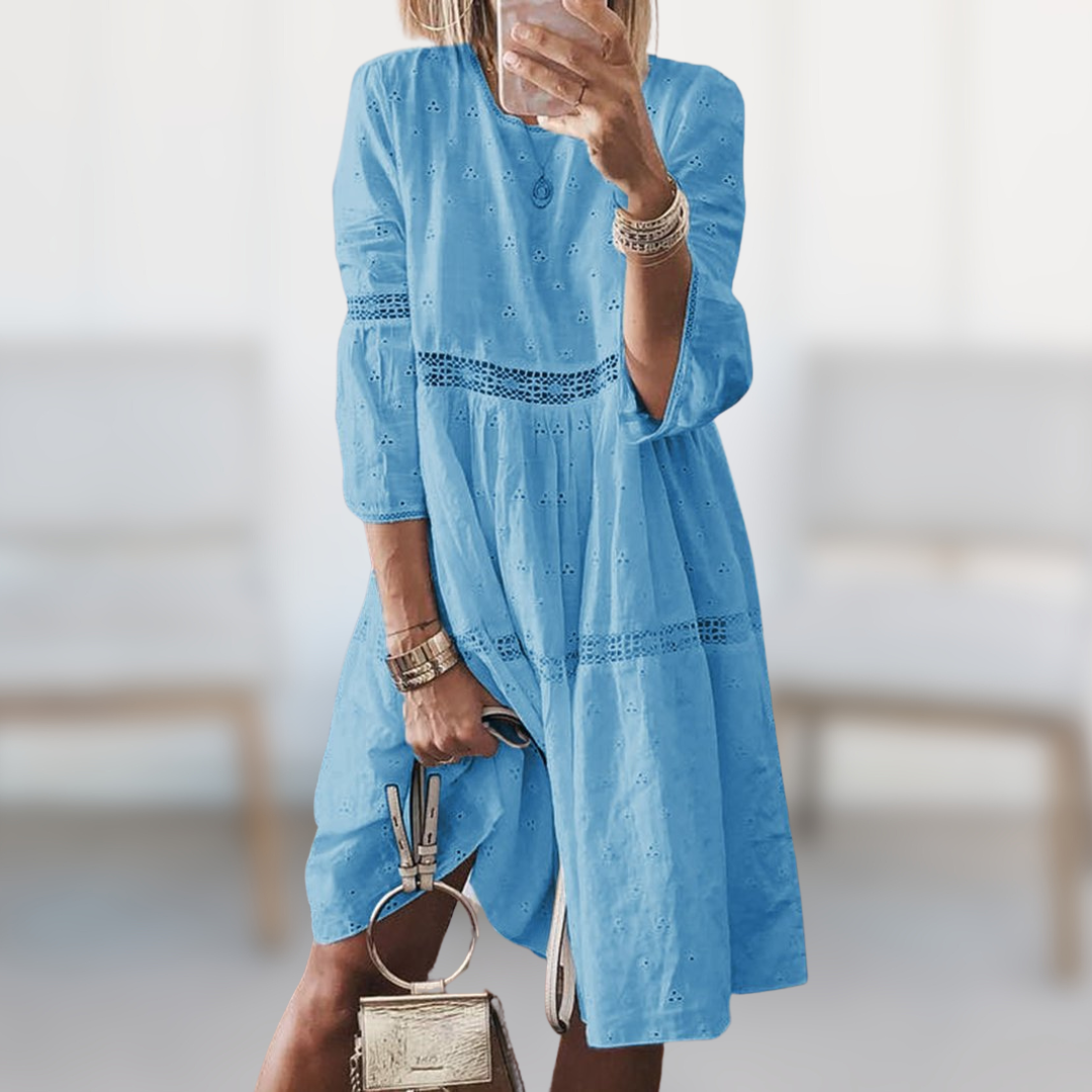 Mabel blue summer dress with 3/4 puff sleeves and eyelet tiered skirt, round neck