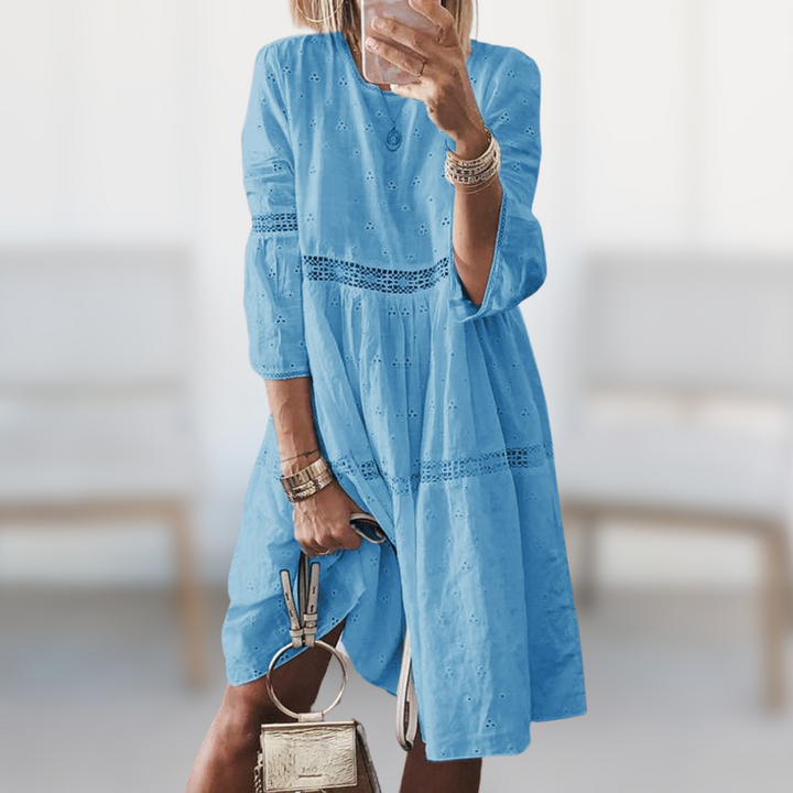 Mabel blue summer dress with 3/4 puff sleeves and eyelet tiered skirt, round neck