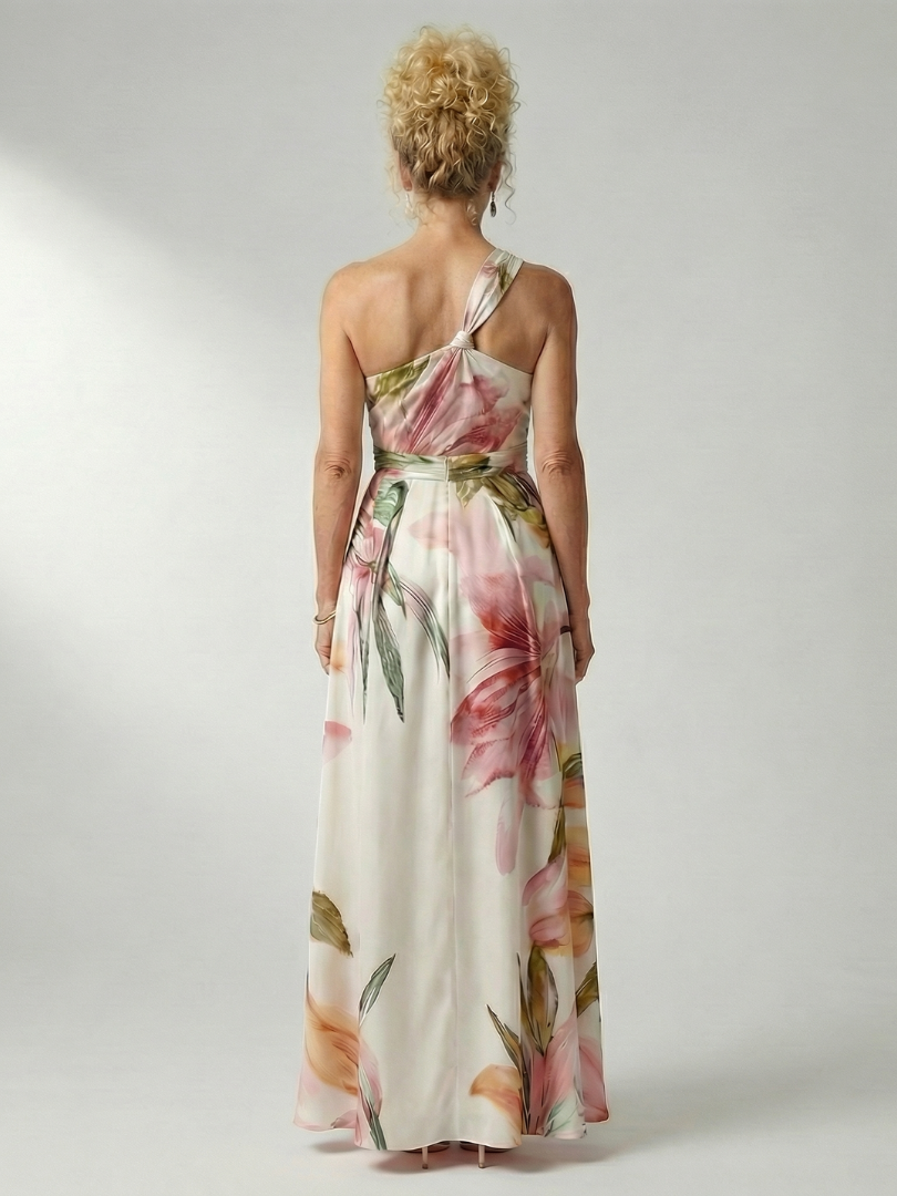 Amiel floral maxi dress back view, open halter back and sash belt, pink and white print