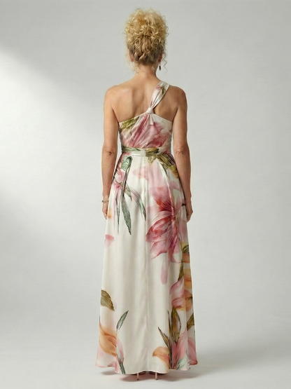 Amiel floral maxi dress back view, open halter back and sash belt, pink and white print
