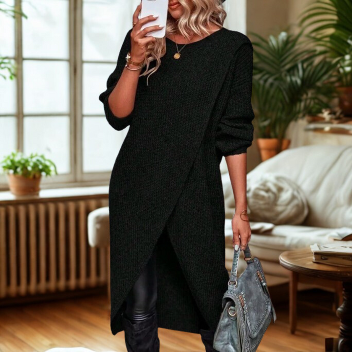 Black wrap tunic sweater dress with elbow-length sleeves and draped front