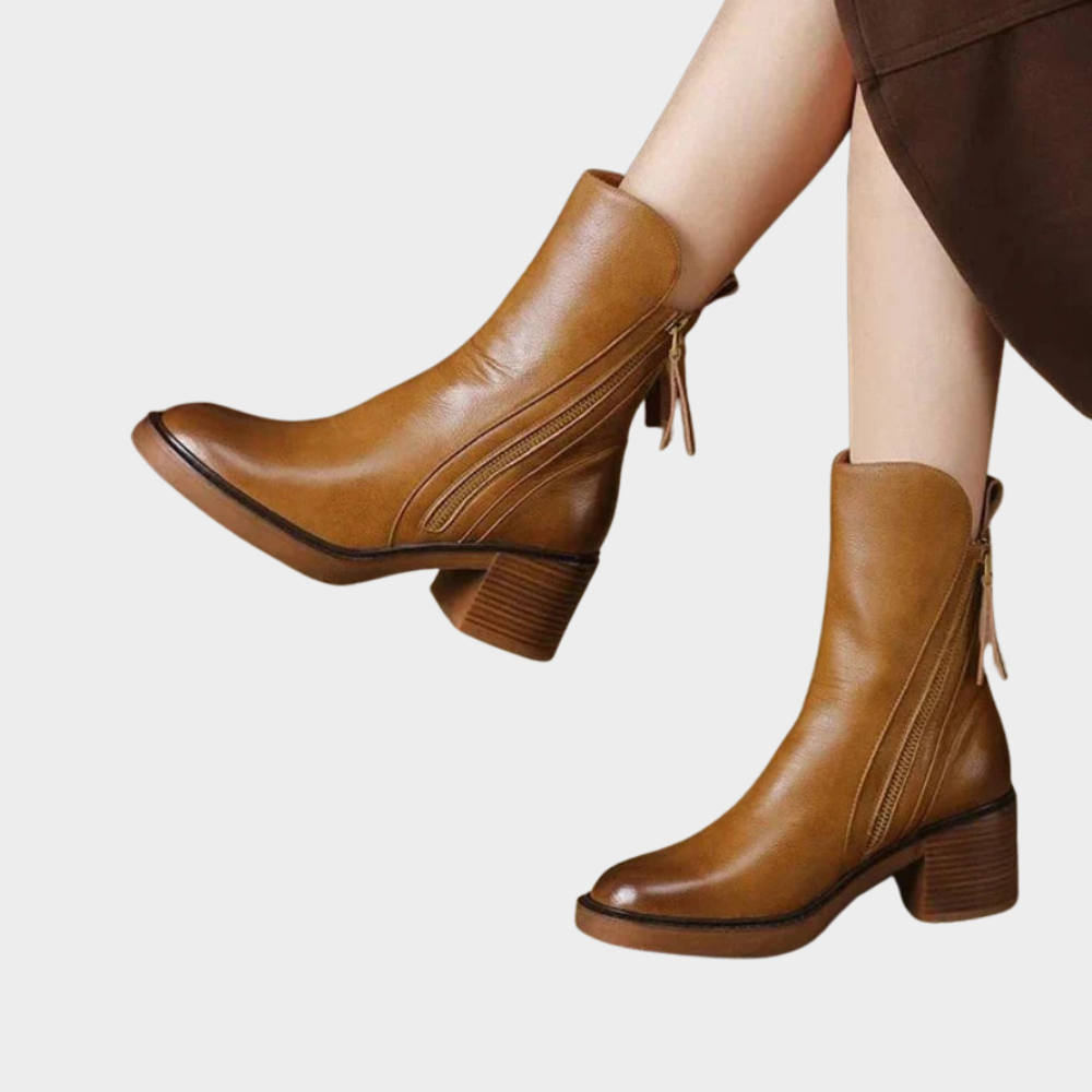 Brown leather ankle heeled boots with side zip and block heel, side view