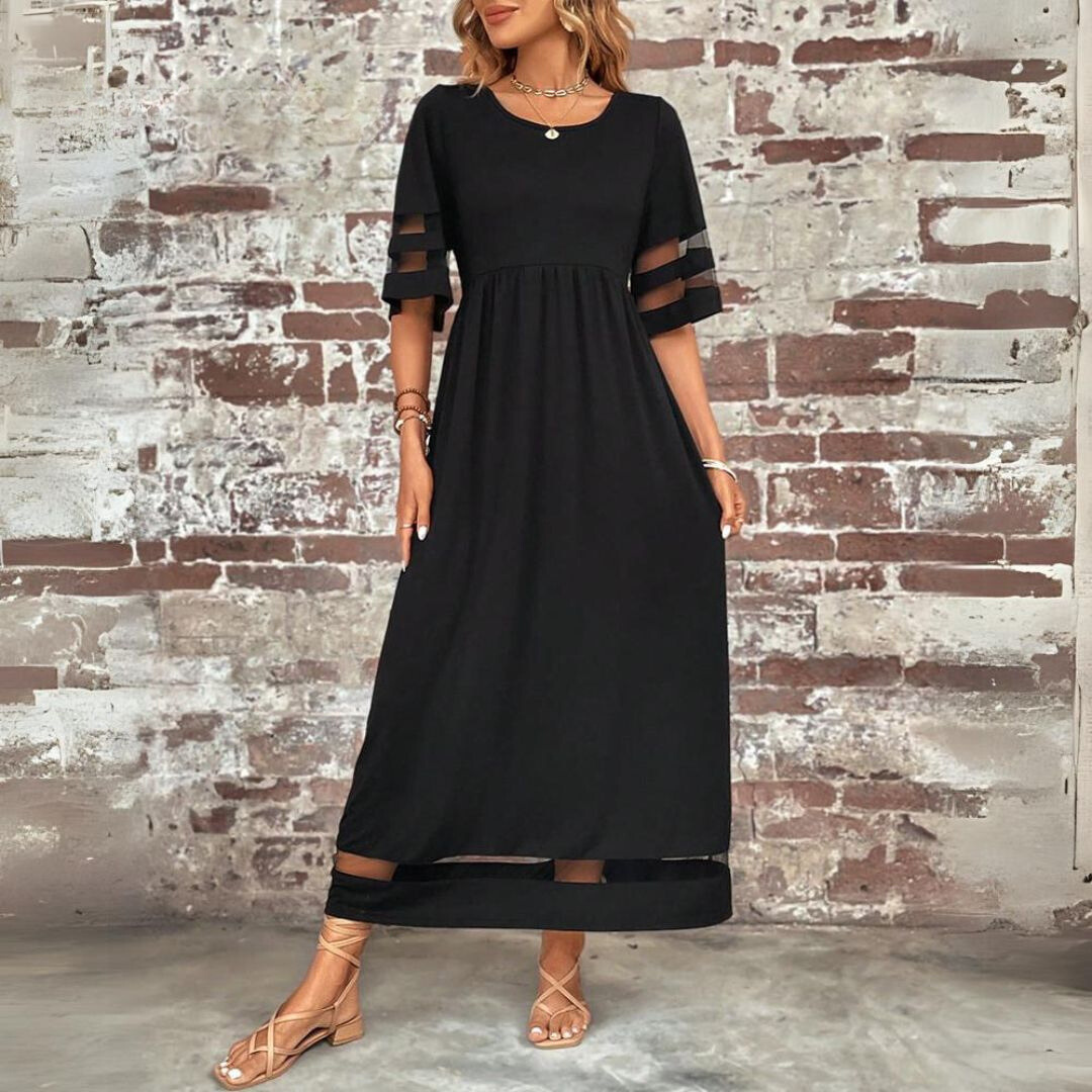 Black A-line maxi dress with scoop neck, tiered waist, and striped sleeve details