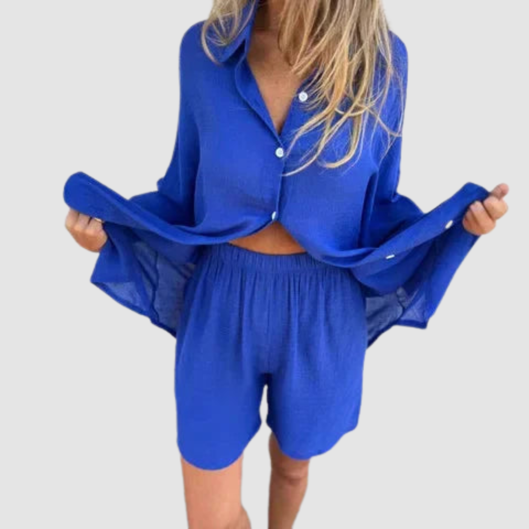 Blue button-up blazer and pencil skirt set, relaxed sleeves, button front