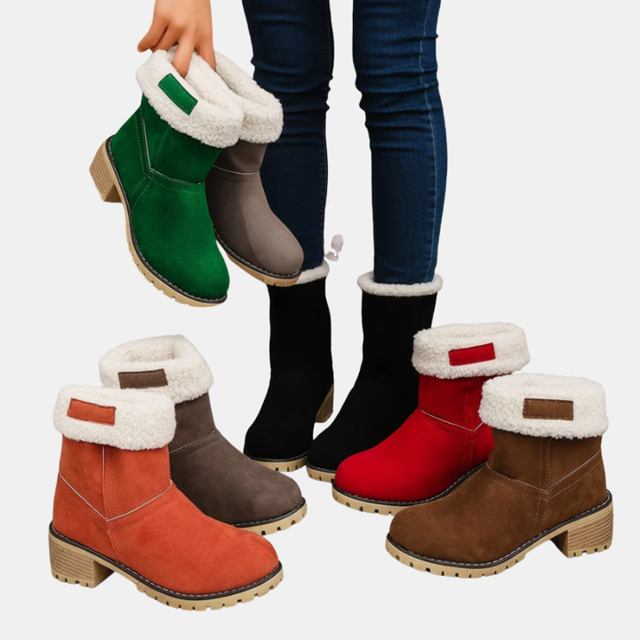 Ankle boots in green, red, and brown with cream faux-fur cuffs and block heels