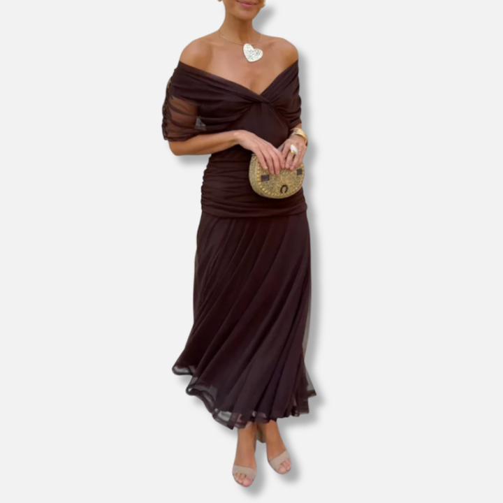 Burgundy off-shoulder dress with twisted neckline and pleated midi skirt