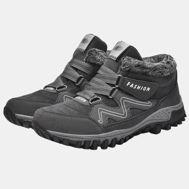 Dark gray orthopedic shoes with faux-fur collar and hook-and-loop straps, chunky tread