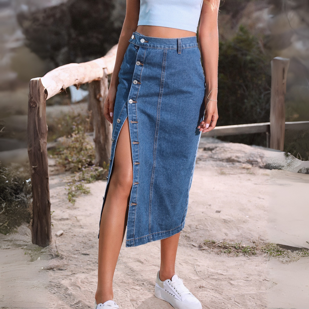 XIANI™ denim button-front slit skirt in blue wash, midi length