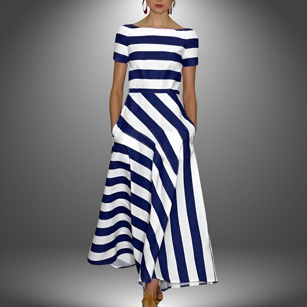 Striped maxi dress with short sleeves, boat neckline; navy-and-white bold stripes