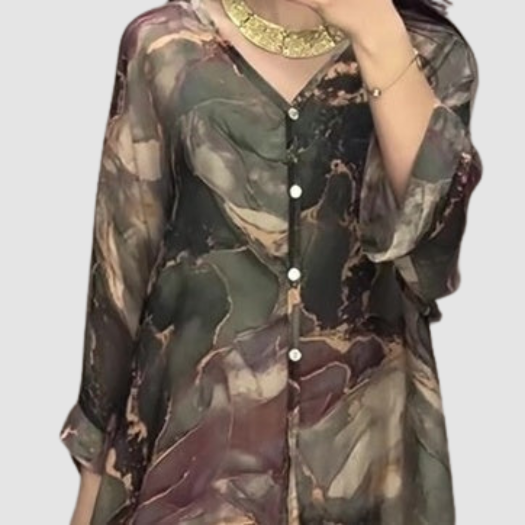 Abstract printed blouse front with V-neck and button placket, long sleeves