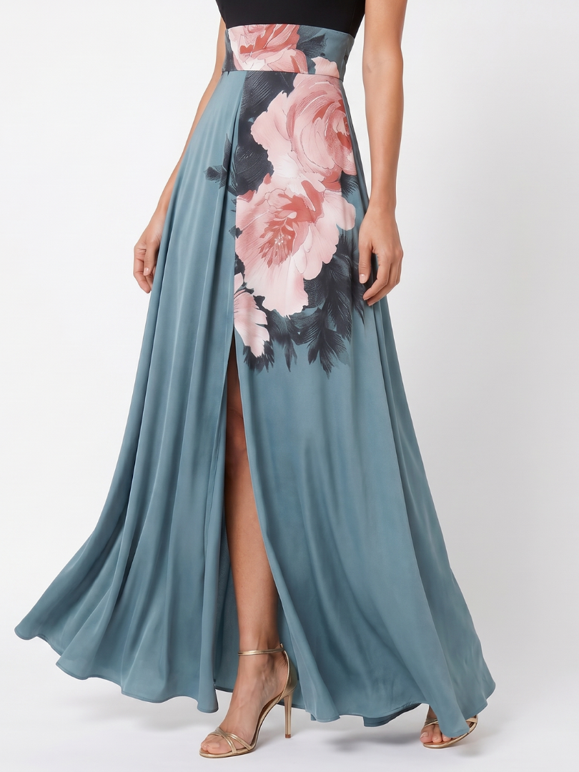 Teal floral maxi skirt with pink flower print and side slit, black halter bodice