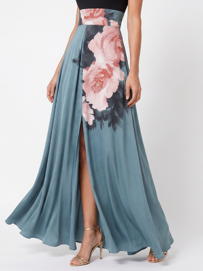 Teal floral maxi skirt with pink flower print and side slit, black halter bodice