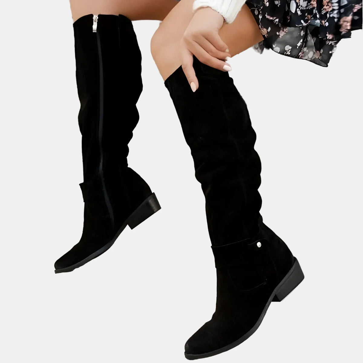 Black suede low-heeled mid-calf boots with side zip and square toe