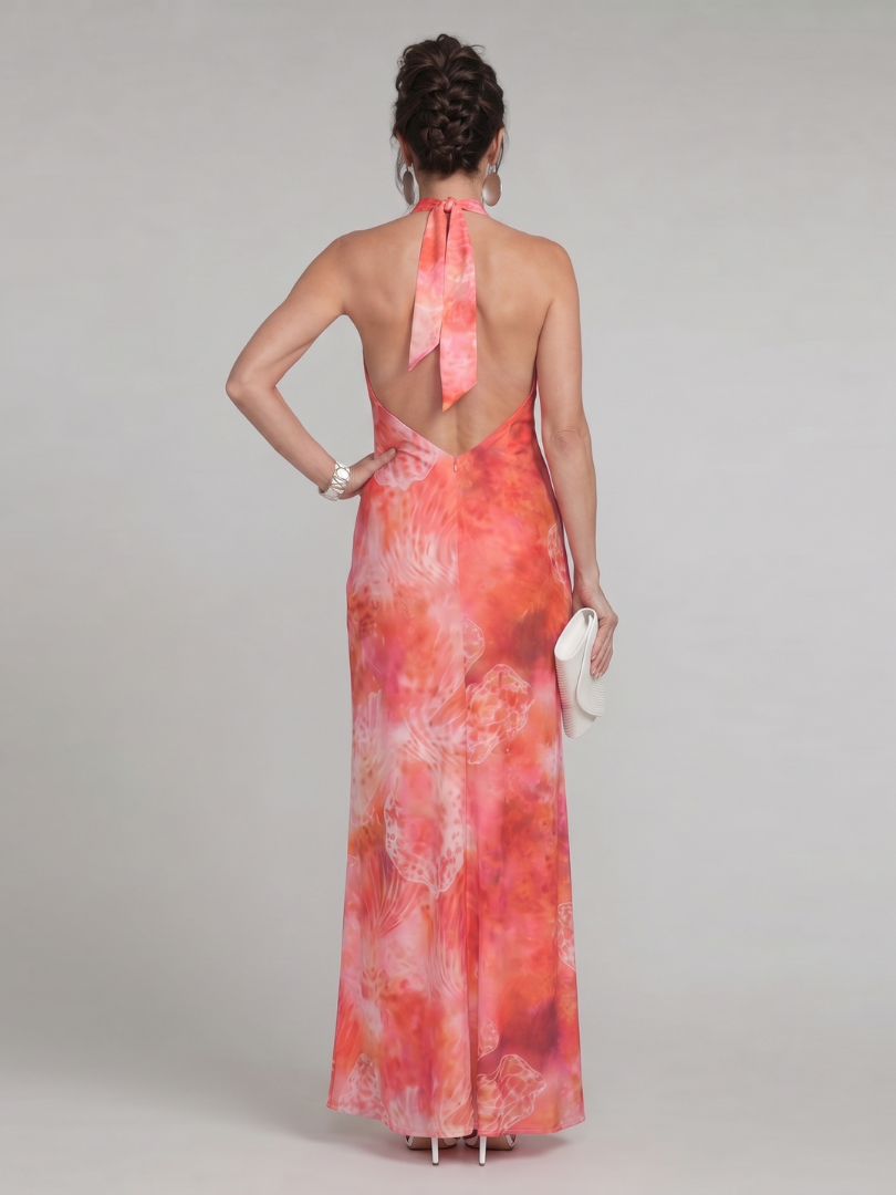 Orange halter maxi dress with open back and center tie detail