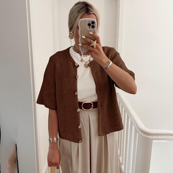 Lightweight short sleeve button cardigan, brown knit with front buttons and soft drape