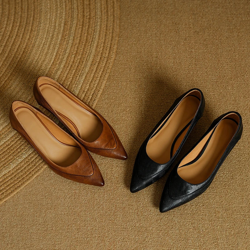 Two-tone display of brown and black pointed-toe pumps with low block heels.