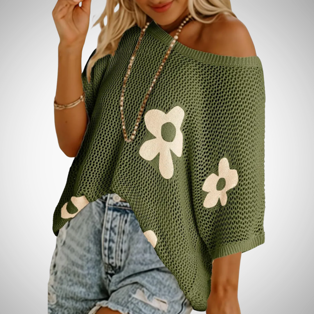 Green off-shoulder crochet top with flower appliques and wide knit hem