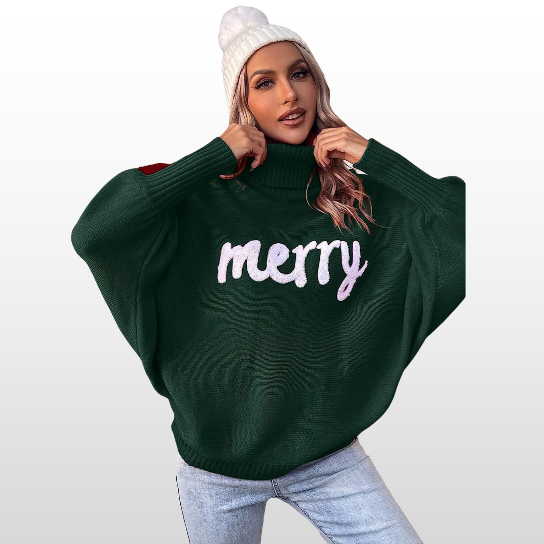 Dark green knit turtleneck sweater with batwing sleeves and white “Merry” print