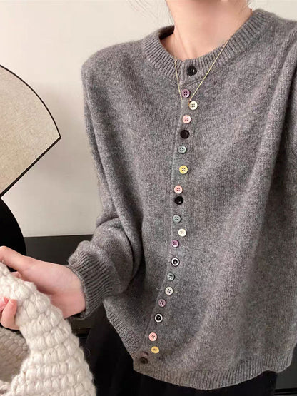 Gray knit cardigan with button front and ribbed crew neck, long sleeves
