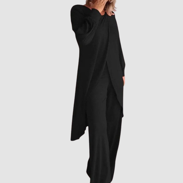 Laine™ longline top and trousers set, black with side split