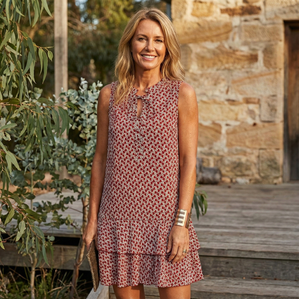 Red patterned sleeveless summer dress, keyhole neckline and tiered hem
