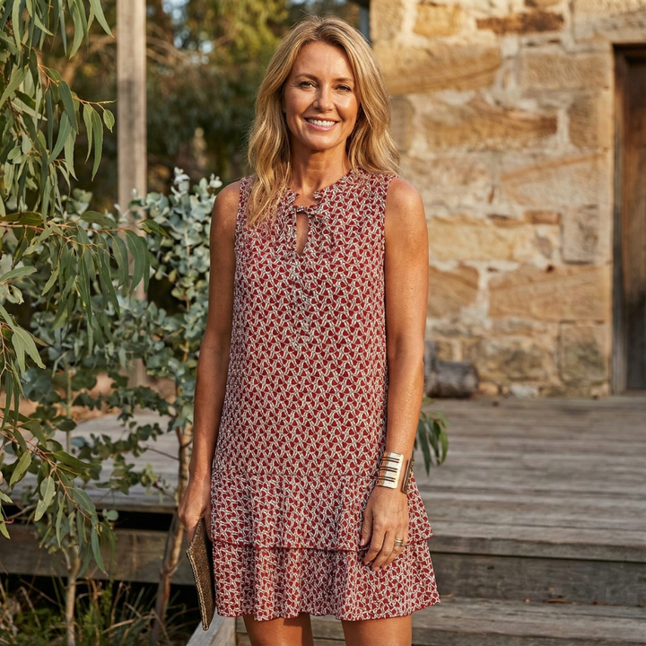 Red patterned sleeveless summer dress, keyhole neckline and tiered hem