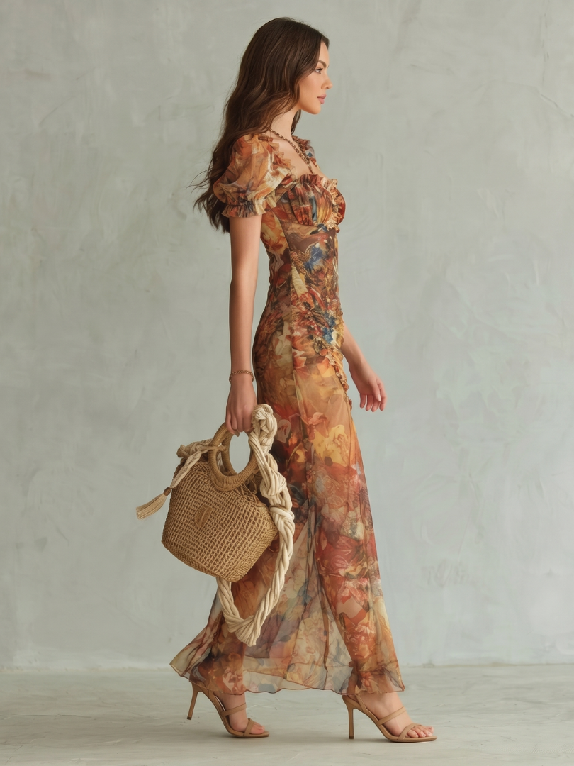 Multicolor ruched midi dress with ruffled off-shoulder sleeves and front slit, side view