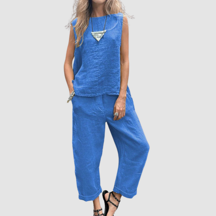 Lightweight two-piece summer set in blue: sleeveless top and cropped drawstring pants.