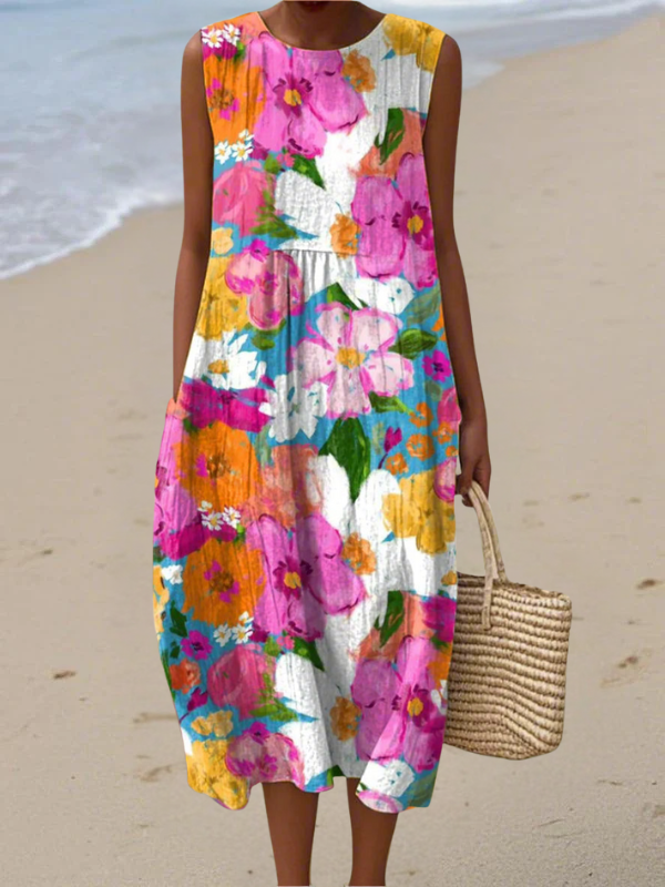 Multicolor floral sleeveless midi dress with round neckline and gathered waist