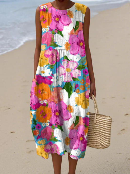 Multicolor floral sleeveless midi dress with round neckline and gathered waist