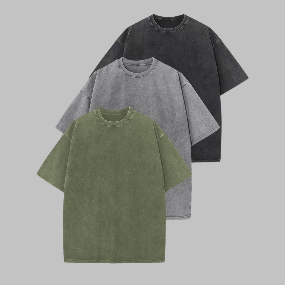 3-pack washed crew-neck T-shirts in olive green, light gray, and dark gray