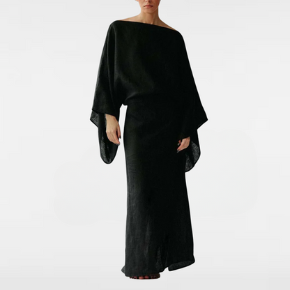 Maxi kimono-style dress, black with wide draped sleeves and relaxed long fit