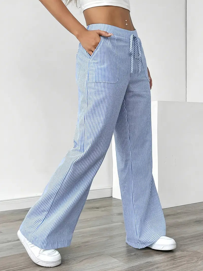 Blue striped wide-leg pants with drawstring waist and side pockets
