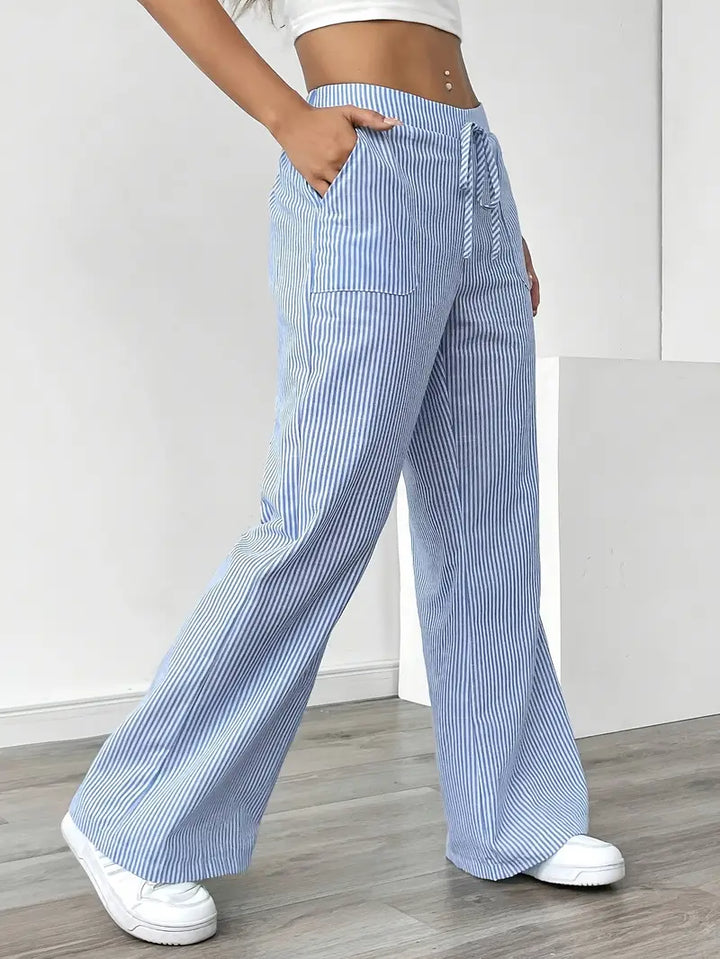 Blue striped wide-leg pants with drawstring waist and side pockets