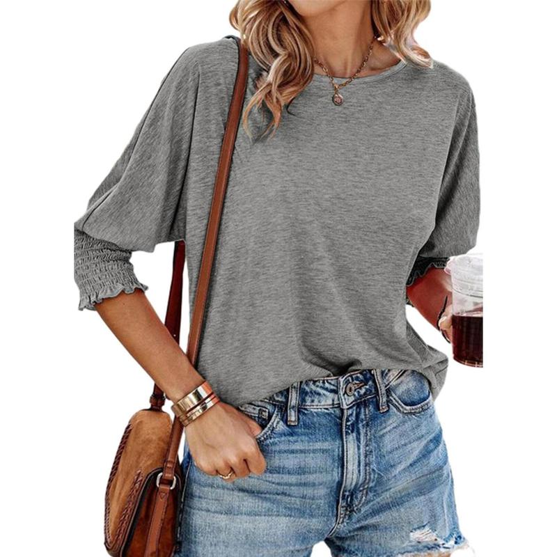 Grey lightweight short-sleeve blouse with gathered cuffs and relaxed fit